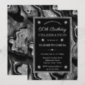 エレガント ブラック＆シルバー グリッター アゲート 60歳の誕生日 招待状 (正面/裏面)