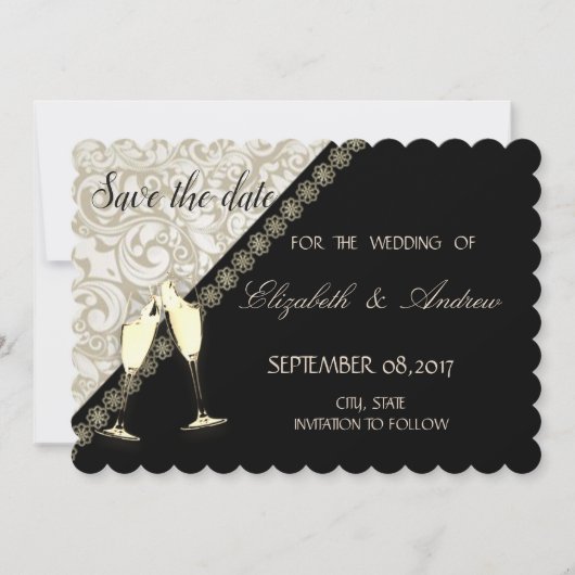 エレガント ブラック ダマスク 結婚式 セーブ・ザ・デート (正面)