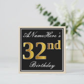 エレガント ブラック フェイクゴールド 32歳の誕生日 + 名前 招待状 (スタンド正面)