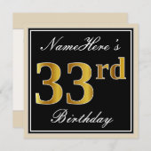 エレガント ブラック フェイクゴールド 33歳の誕生日 + 名前 招待状 (正面/裏面)