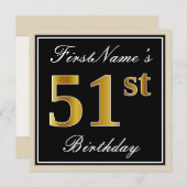 エレガント ブラック フェイクゴールド 51歳の誕生日 + 名前 招待状 (正面/裏面)