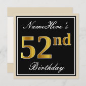 エレガント ブラック フェイクゴールド 52歳の誕生日 + 名前 招待状 (正面/裏面)
