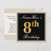 エレガント ブラック フェイクゴールド 8歳の誕生日 + 名前 招待状 (正面/裏面)