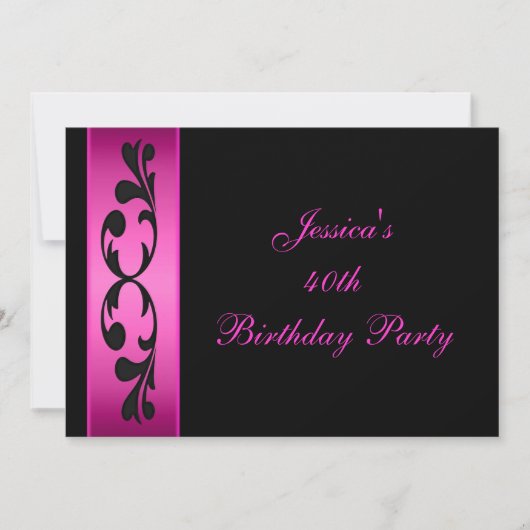 エレガント ブラック フローラル ホット ピンク パーティー 招待状 (正面)