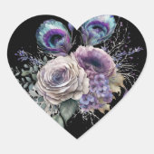 エレガント ブラック ペコック フラワー ハート ハートシール (正面)