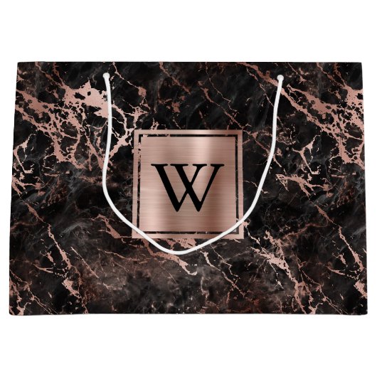 エレガント ブラック マーブル ローズゴールド モノグラム ラージペーパーバッグ (正面)
