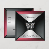 エレガント ブラック レッド ピンク パール ジュエル 誕生日 シルバー 招待状 (正面/裏面)