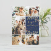 エレガント ブルー ゴールド 5 フォト ファミリー ホリデー カード (スタンド正面)