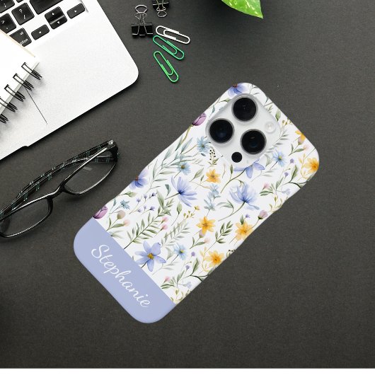 エレガント ブルー パープル 水彩 野の花 iPhoneケース