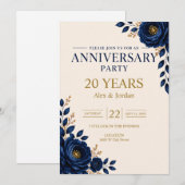 エレガント ブルー フラワー 結婚記念日パーティー 招待状 (正面/裏面)