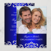 エレガント ブルー&ホワイト ダマスク柄 婚約パーティー 招待状 (正面/裏面)