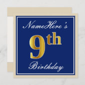 エレガント ブルー 偽の金色 9歳の誕生日 オーダーメイド 名前入り 招待状 (正面/裏面)