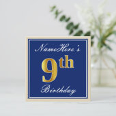エレガント ブルー 偽の金色 9歳の誕生日 オーダーメイド 名前入り 招待状 (スタンド正面)