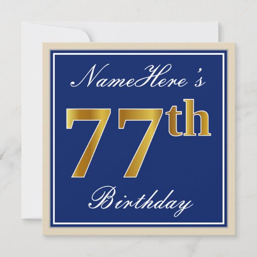エレガント ブルー 偽の金 77歳の誕生日 + 名前 招待状 (正面)
