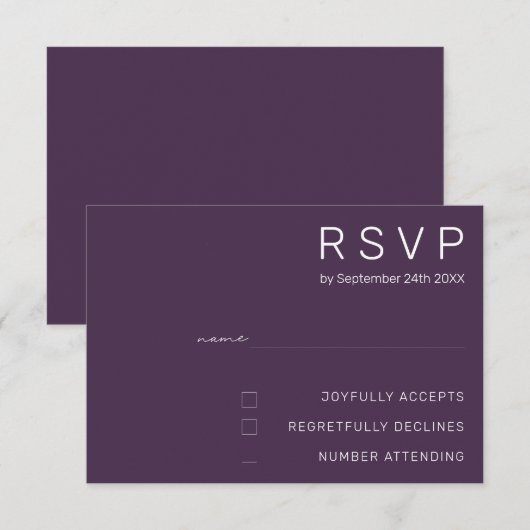エレガント・プラムパープル・ミニマルモダン結婚式RSVP 招待状 (正面/裏面)