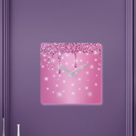 エレガント ホットピンク グリッター ドリップ スクエア壁時計