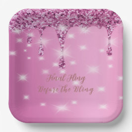 エレガント ホットピンク グリッター ドリップ ブライズメイドパーティー ペーパープレート