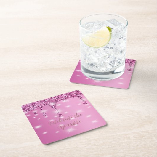 エレガント ホットピンク グリッター ドリップ ブライズメイド スクエアペーパーコースター (インサイチュ)