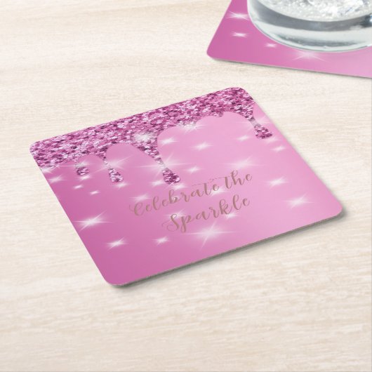 エレガント ホットピンク グリッター ドリップ ブライズメイド スクエアペーパーコースター (アングル)