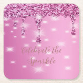 エレガント ホットピンク グリッター ドリップ ブライズメイド スクエアペーパーコースター (正面)