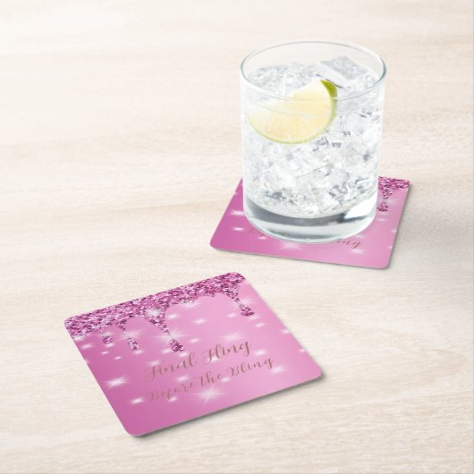 エレガント ホットピンク グリッター ドリップ ブライズメイド スクエアペーパーコースター (インサイチュ)