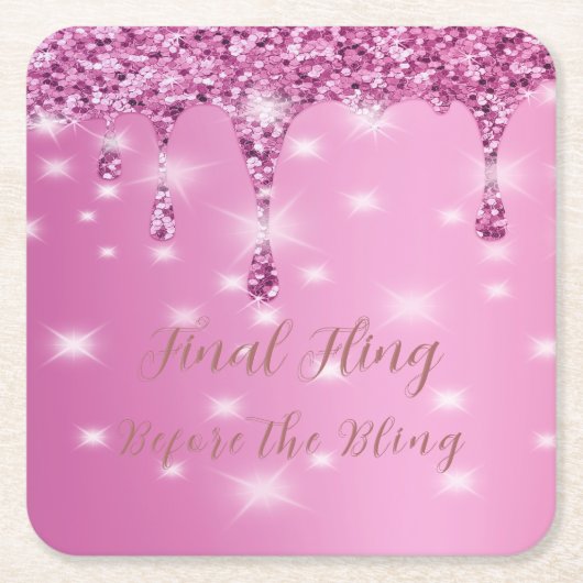 エレガント ホットピンク グリッター ドリップ ブライズメイド スクエアペーパーコースター (正面)