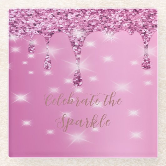 エレガント ホット ピンク グリッター ドリップ ブラチェロレッテ ガラスコースター (正面)