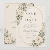 エレガント ホワイト フラワー Save the Date カード (正面/裏面)