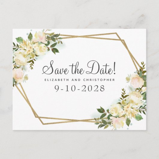 エレガント ボタニカル ゴールド グリーンネリー ローズ シック ホワイト 案内ポストカード (正面)
