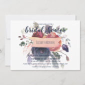 エレガント ボヘミアンブルー ワインレッド ネイビー フラワー ブライダルシャワー 招待状 (正面)