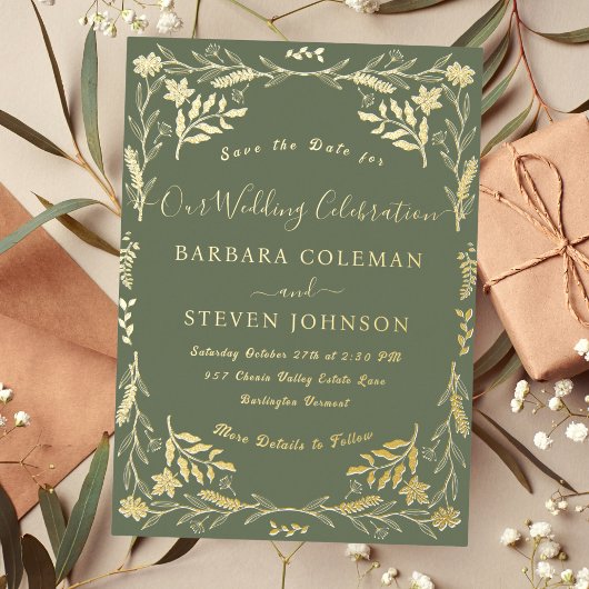 エレガント・ボホ・フラワー・セージグリーン・タイポグラフィー・ウェディング 箔招待状