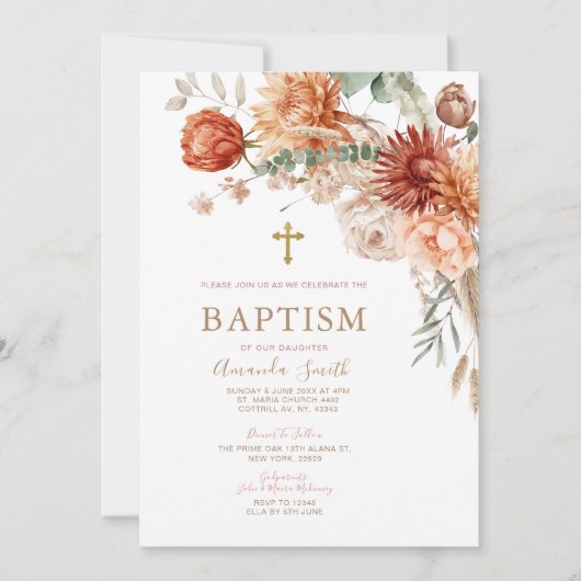 エレガント ボーホー オレンジ フラワー 洗礼 誕生会 招待状 (正面)