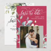 エレガント マジェンタ グリーン リーフ QR コード フォト ウェディング セーブザデート (正面/裏面)