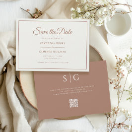 エレガント ミニマリスト ウェディング モノグラム QR コード ブラウン セーブザデート