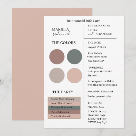 エレガント ミニマリスト ダスティ ローズとセージのブライズメイド 招待状 (正面/裏面)