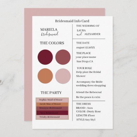 エレガント ミニマリスト ダスティ ローズ ブライズメイド 招待状 (正面/裏面)