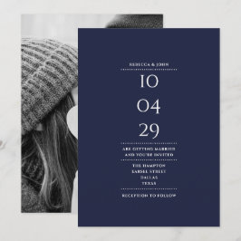 エレガント ミニマリスト ネイビーブルー フォト ウェディング デート 招待状
