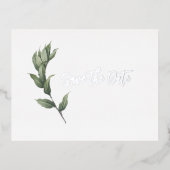 エレガント ミニマリスト ボタニカル グリーンハーブ リアル シルバー 箔招待状ポストカード (正面)