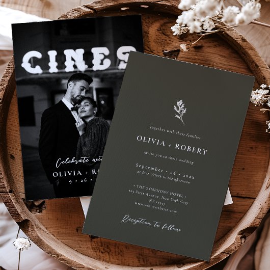 エレガント ミニマリスト ボタニカル フォト ウェディング 招待状