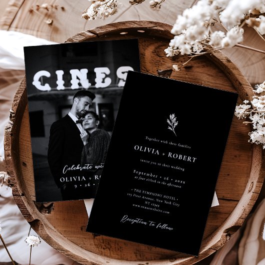 エレガント ミニマリスト ボタニカル フォト ウェディング 招待状