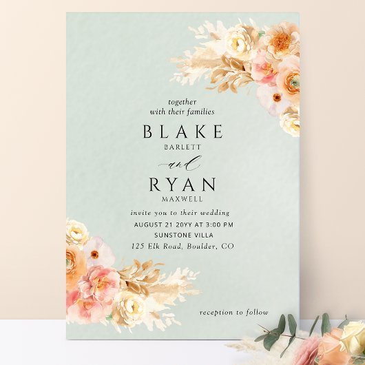 エレガント,ミニマルセージ，ピーチ，赤面クリームズ結婚ス 招待状