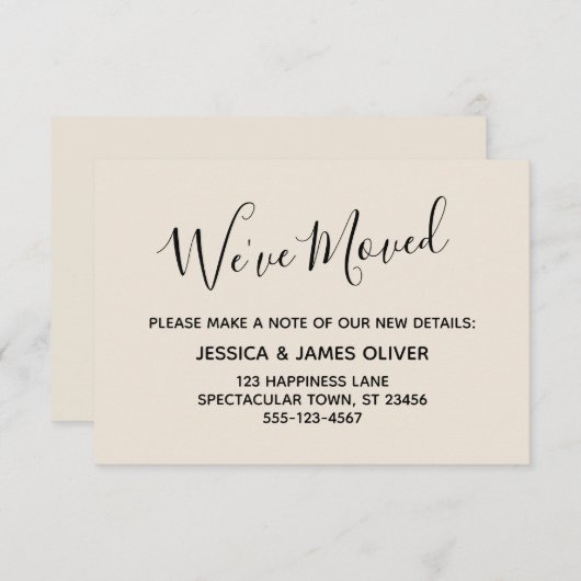 エレガント、ミニマルタイポグラフィ「引っ越しました」クリーム エンクロージャーカード (正面/裏面)