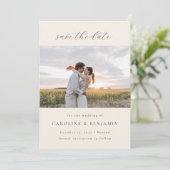 エレガント ミニマル アイボリー スクリプト ウェディング ツー フォト セーブザデート (スタンド正面)