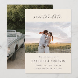 エレガント ミニマル アイボリー スクリプト ウェディング ツー フォト セーブザデート