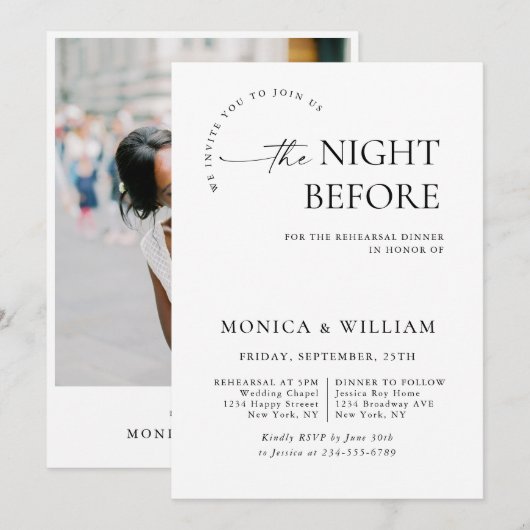 エレガント ミニマル カリグラフィー リハーサル ディナー 招待状 (正面/裏面)