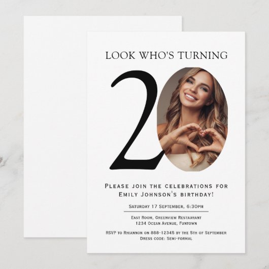 エレガント ミニマル フォト 20歳の誕生日 招待状 (正面/裏面)