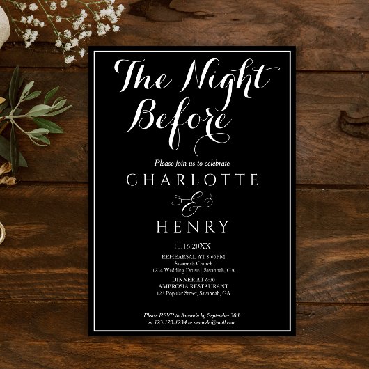 エレガント ミニマル ブラック ウェディング ザ・ナイト・ビフォア 招待状