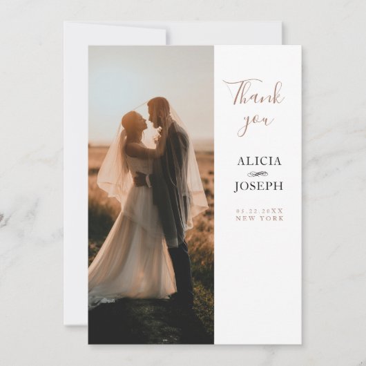 エレガント ミニマル ベージュ フォト ウェディング サンクス サンキューカード (正面)