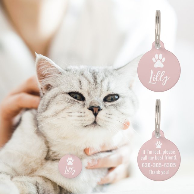 エレガント ミニマル ホワイト ペット パウ 連絡先情報付き ペット　ネームタグ (Modern pink personalized pet ID tag with phone number, white pet paw print and editable pet name.)