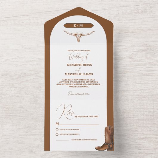 エレガント ミニマル ボーホー ウェスタン カウボーイ ウェディング オールインワン招待状 (内側)